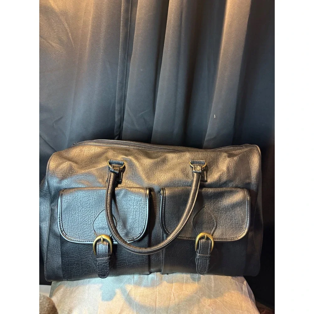 Pierre Cardin Black Faux Leather Duffle Bag Weekend Travel Overnight Carry On